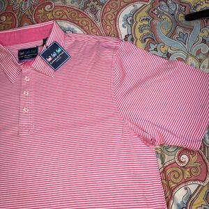 Charleston Threads Mens XXL Pink White Striped Short Sleeve Polo Shirt NWT